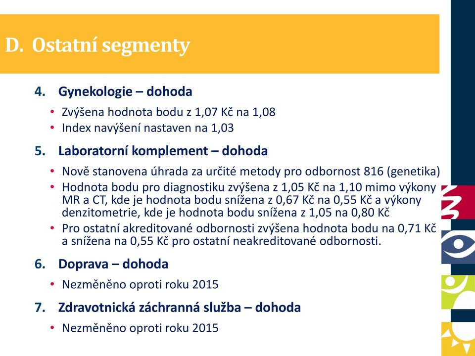 výkony MR a CT, kde je hodnota bodu snížena z 0,67 Kč na 0,55 Kč a výkony denzitometrie, kde je hodnota bodu snížena z 1,05 na 0,80 Kč Pro ostatní akreditované