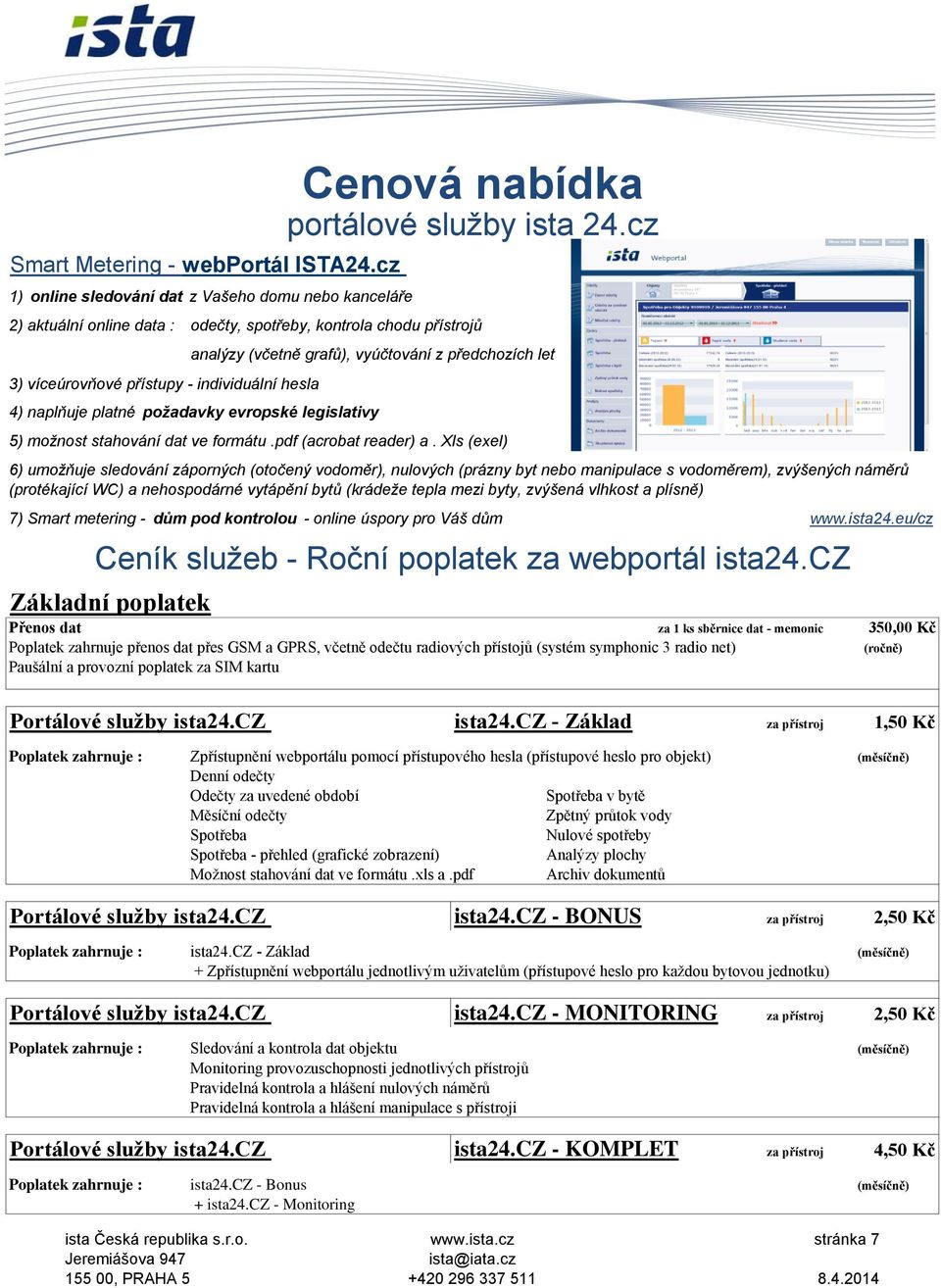 požadavky evropské legislativy Cenová nabídka portálové služby ista 24.cz odečty, spotřeby, kontrola chodu přístrojů 5) možnost stahování dat ve formátu.pdf (acrobat reader) a.