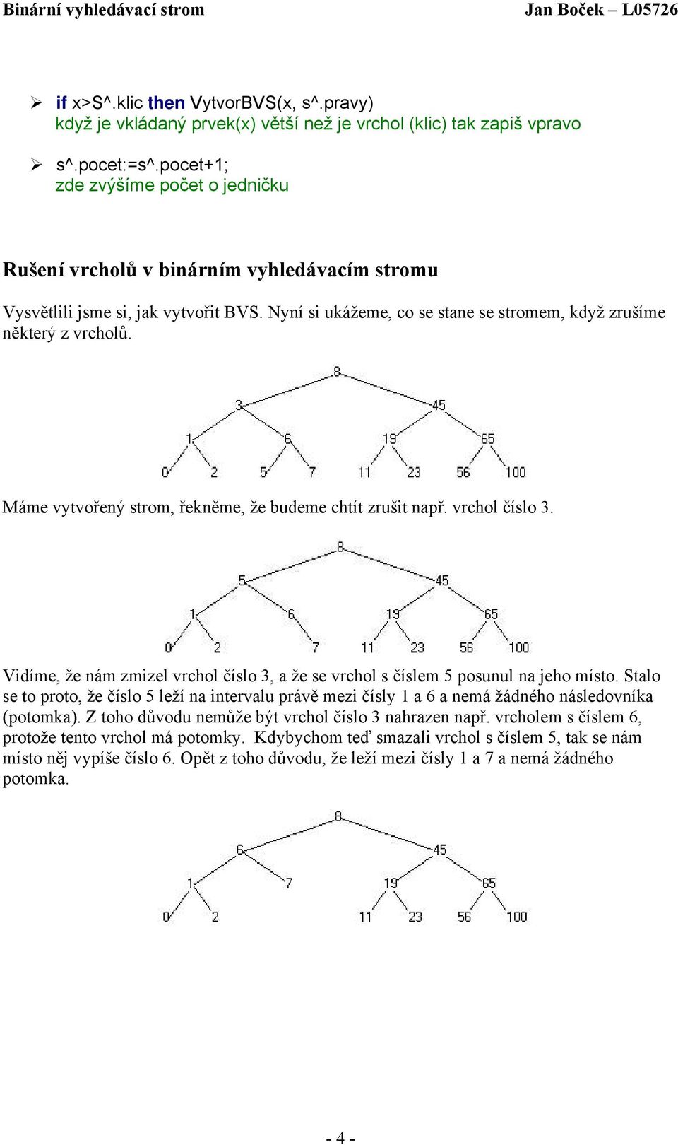 Máme vytvořený strom, řekněme, že budeme chtít zrušit např. vrchol číslo 3. Vidíme, že nám zmizel vrchol číslo 3, a že se vrchol s číslem 5 posunul na jeho místo.