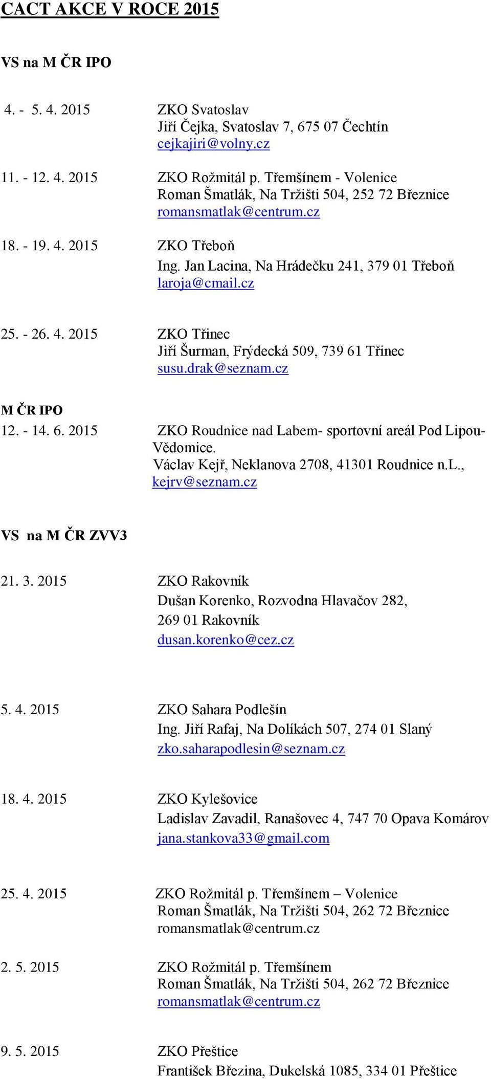 drak@seznam.cz M ČR IPO 12. - 14. 6. 2015 ZKO Roudnice nad Labem- sportovní areál Pod Lipou- Vědomice. Václav Kejř, Neklanova 2708, 41301 Roudnice n.l., kejrv@seznam.cz VS na M ČR ZVV3 21. 3.