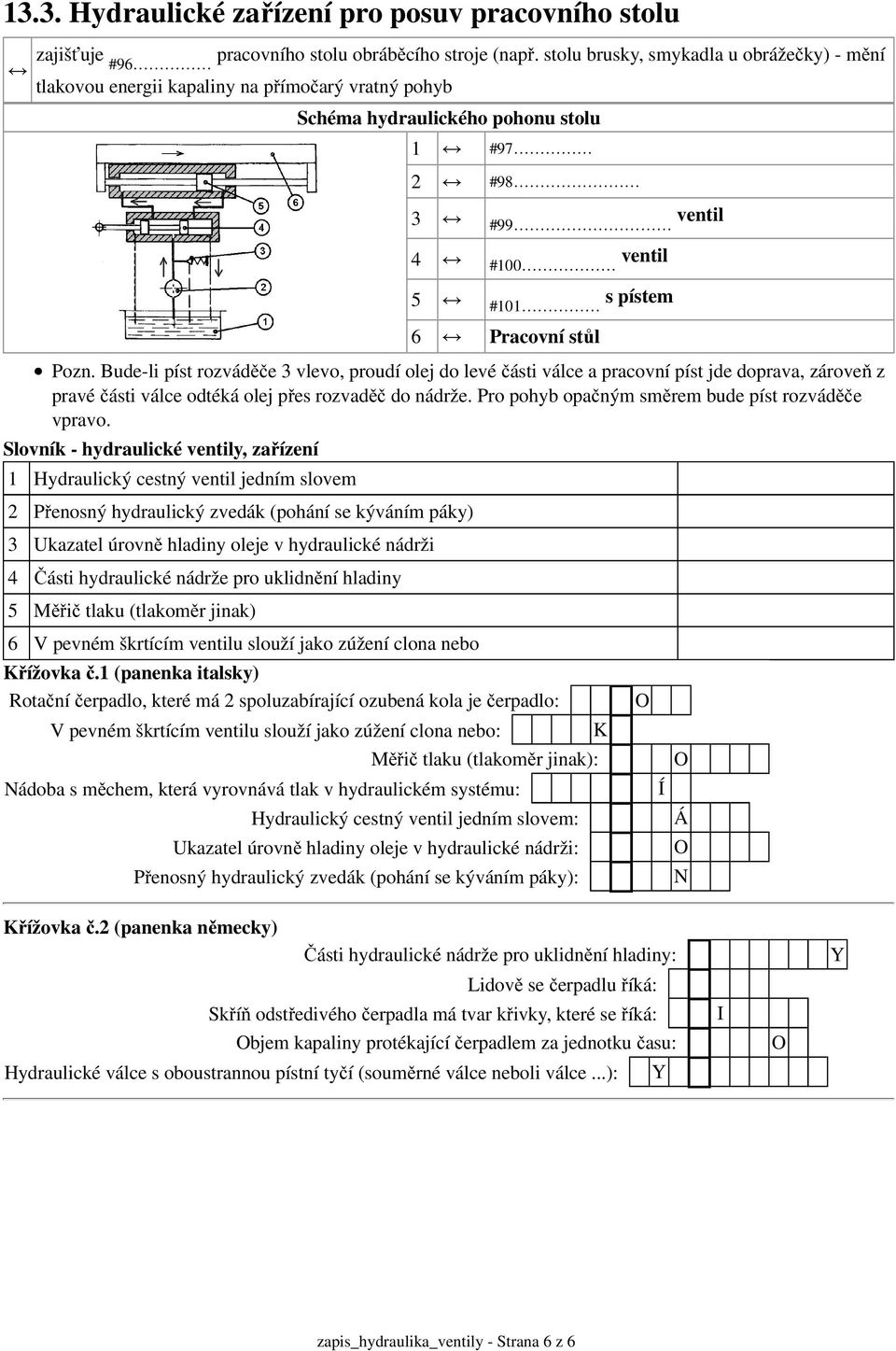 Bude-li píst rozváděče 3 vlevo, proudí olej do levé části válce a pracovní píst jde doprava, zároveň z pravé části válce odtéká olej přes rozvaděč do nádrže.