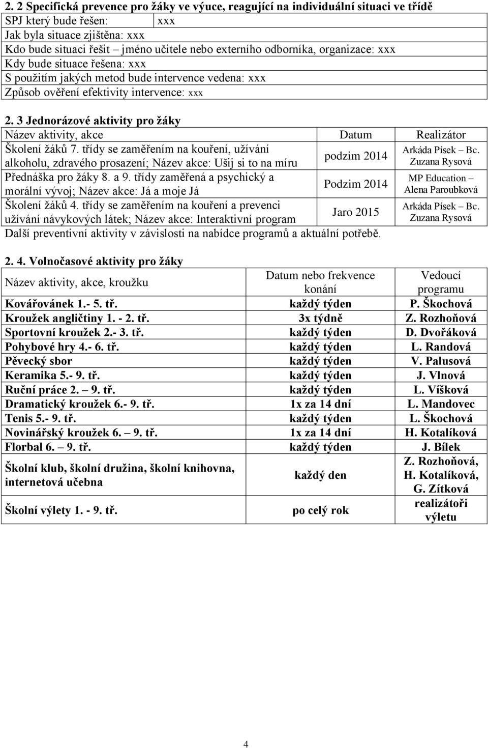 3 Jednorázové aktivity pro žáky Název aktivity, akce Datum Realizátor Školení žáků 7.