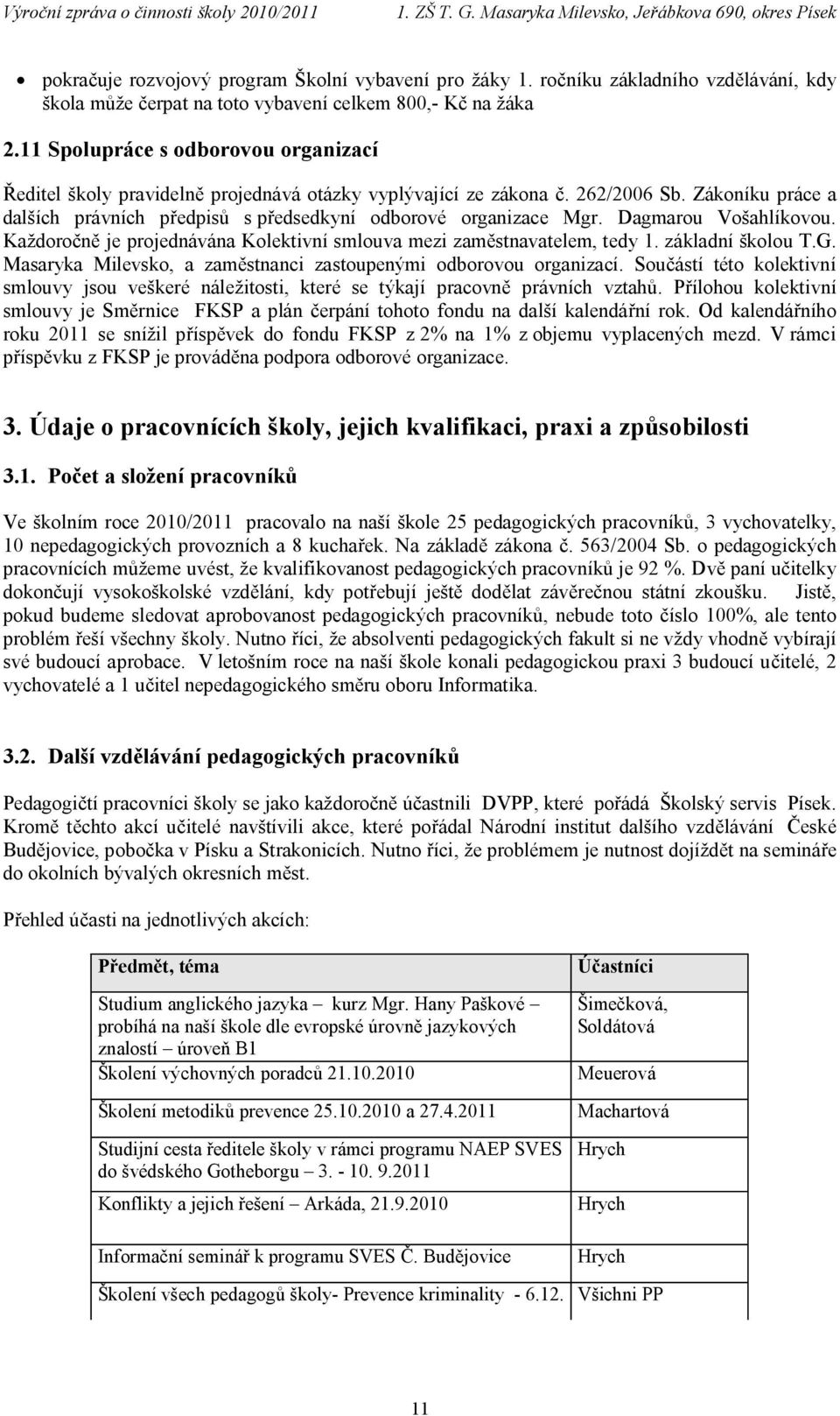 Dagmarou Vošahlíkovou. Každoročně je projednávána Kolektivní smlouva mezi zaměstnavatelem, tedy 1. základní školou T.G. Masaryka Milevsko, a zaměstnanci zastoupenými odborovou organizací.