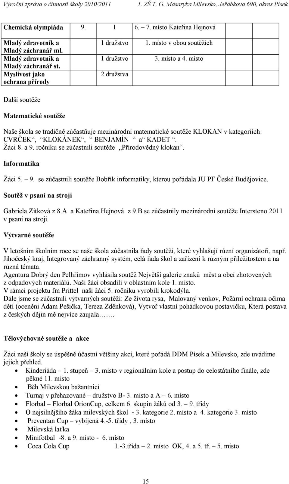 místo 2 družstva Další soutěže Matematické soutěže Naše škola se tradičně zúčastňuje mezinárodní matematické soutěže KLOKAN v kategoriích: CVRČEK, KLOKÁNEK, BENJAMÍN a KADET. Žáci 8. a 9.