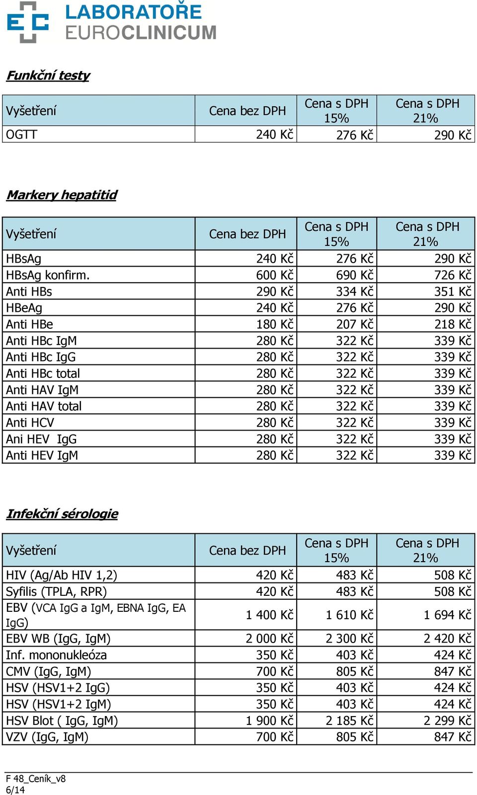 322 Kč 339 Kč Anti HAV IgM 280 Kč 322 Kč 339 Kč Anti HAV total 280 Kč 322 Kč 339 Kč Anti HCV 280 Kč 322 Kč 339 Kč Ani HEV IgG 280 Kč 322 Kč 339 Kč Anti HEV IgM 280 Kč 322 Kč 339 Kč Infekční sérologie