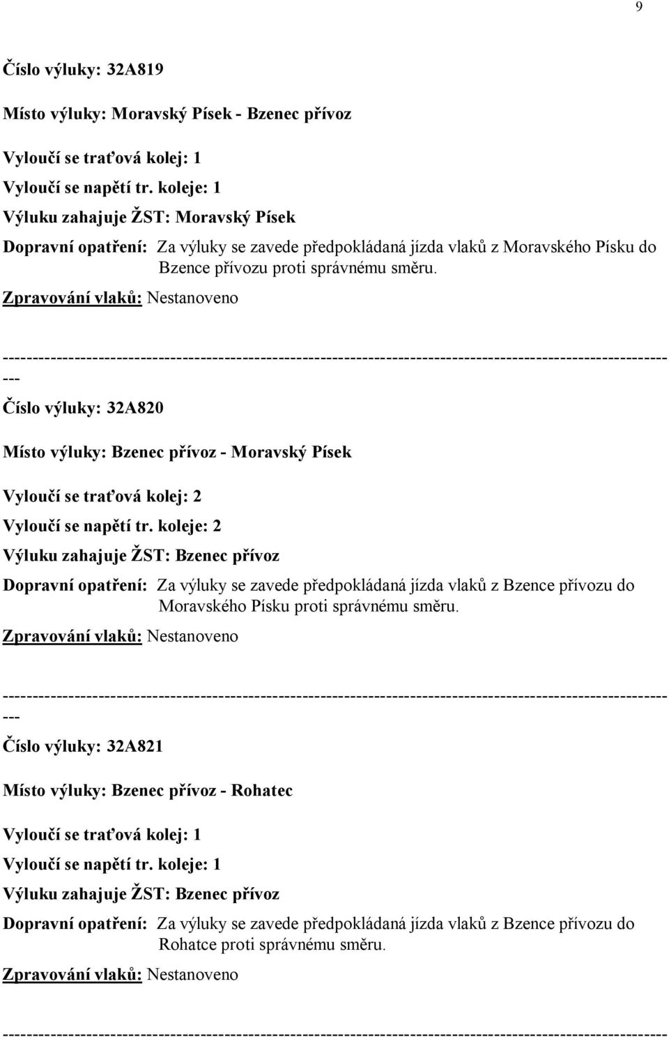 Nestanoveno Číslo výluky: 32A820 Místo výluky: Bzenec přívoz - Moravský Písek Vyloučí se traťová kolej: 2 Vyloučí se napětí tr.