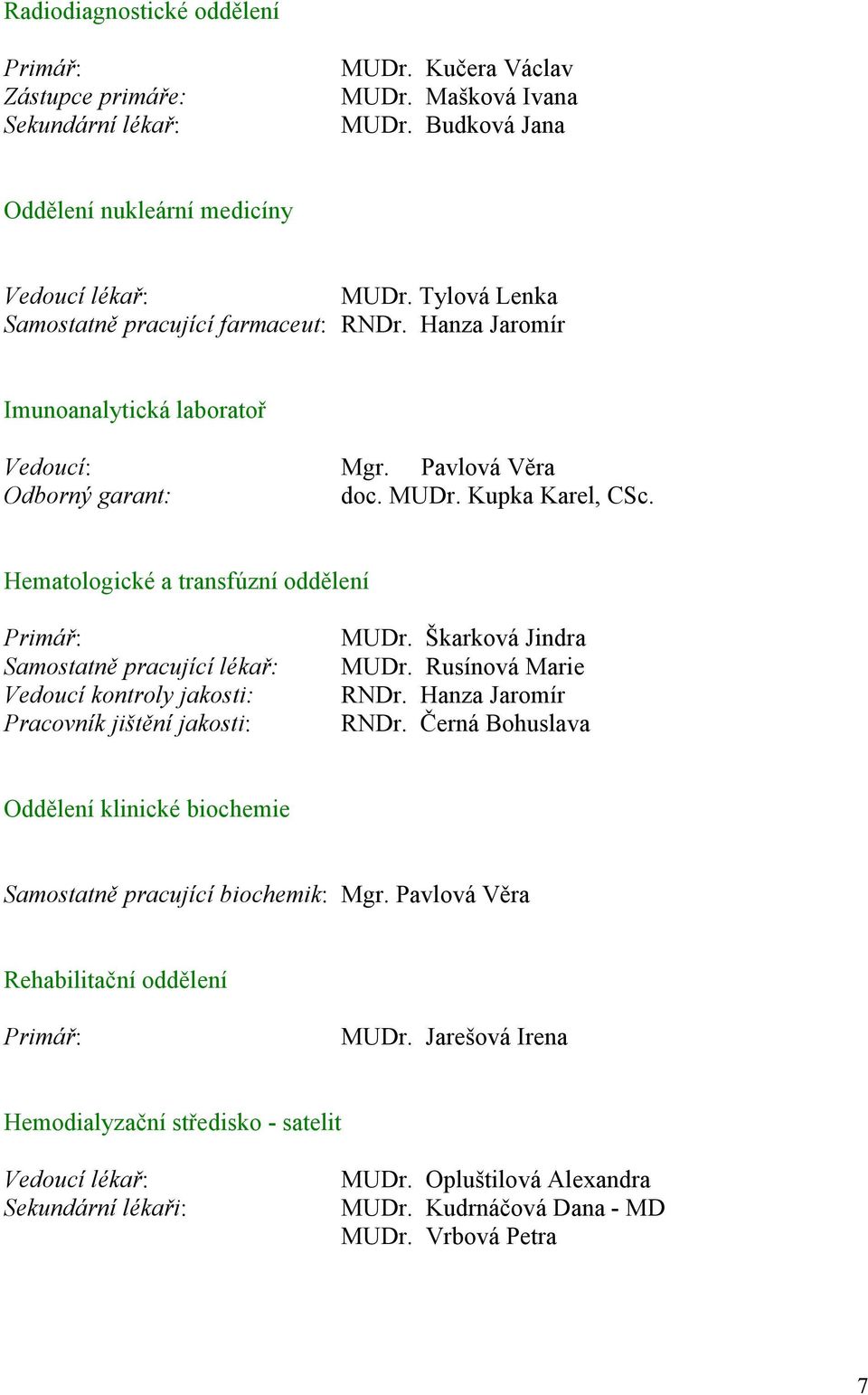 Hematologické a transfúzní oddělení Primář: Samostatně pracující lékař: Vedoucí kontroly jakosti: Pracovník jištění jakosti: MUDr. Škarková Jindra MUDr. Rusínová Marie RNDr. Hanza Jaromír RNDr.