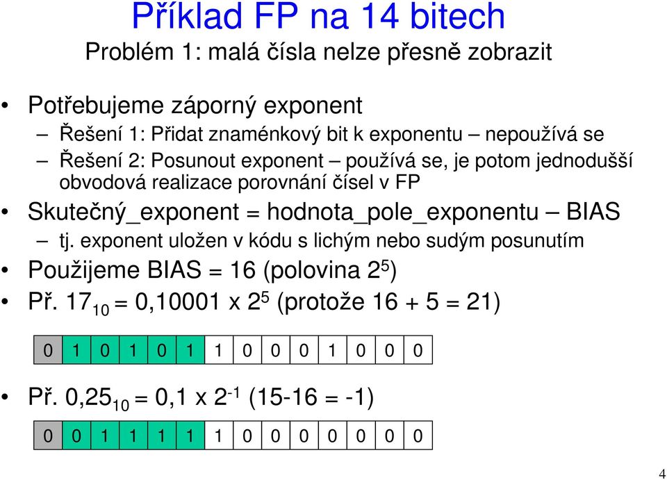 Skutečný_exponent = hodnota_pole_exponentu BIAS tj.