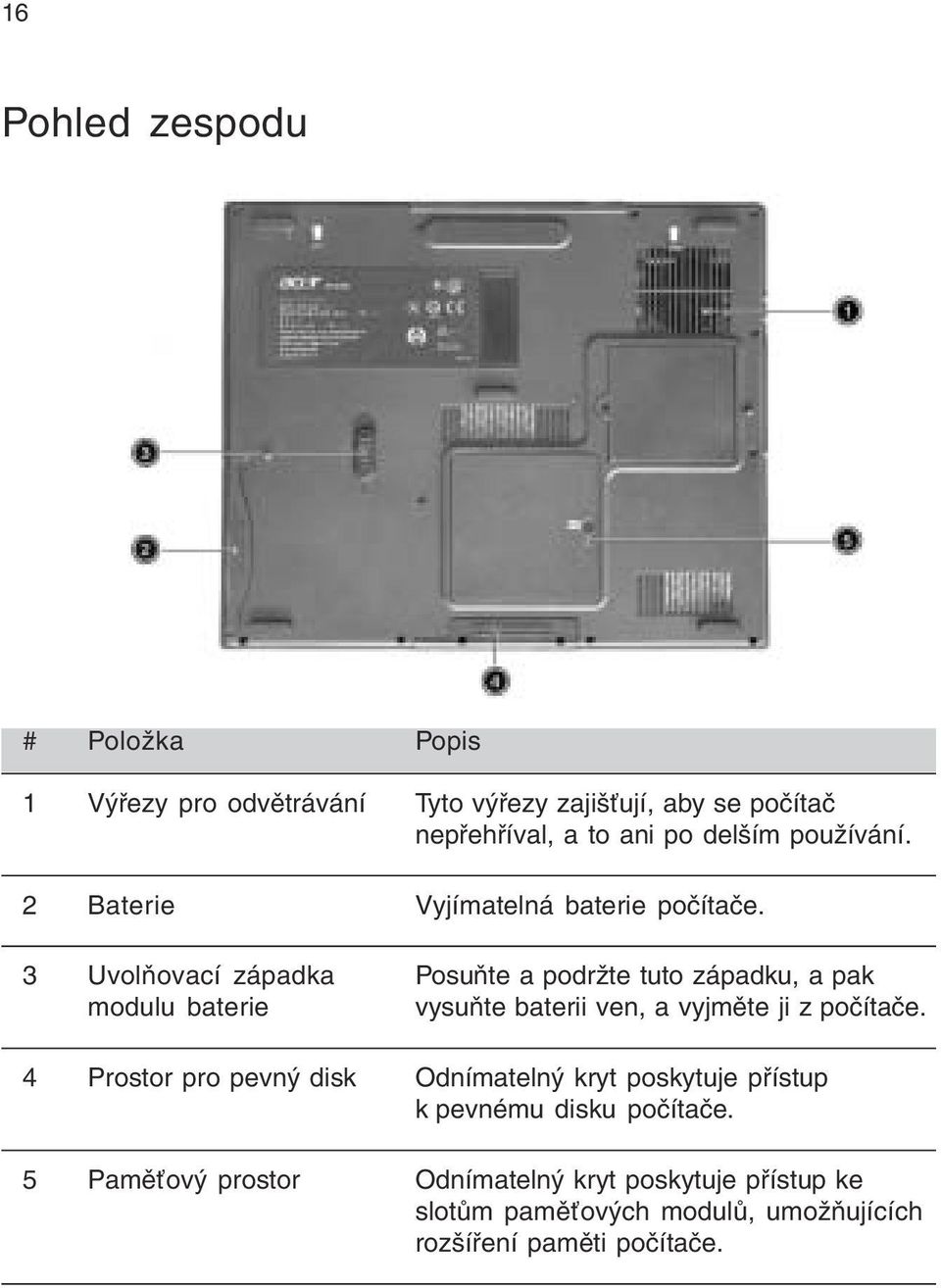 3 Uvolňovací západka Posuňte a podržte tuto západku, a pak modulu baterie vysuňte baterii ven, a vyjměte ji z počítače.