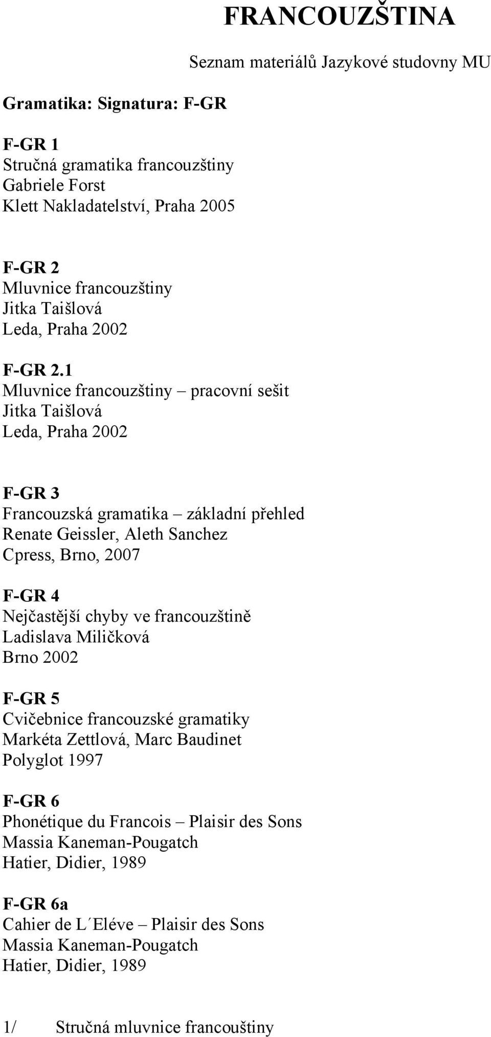 1 Mluvnice francouzštiny pracovní sešit Jitka Taišlová Leda, Praha 2002 F-GR 3 Francouzská gramatika základní přehled Renate Geissler, Aleth Sanchez Cpress, Brno, 2007 F-GR 4