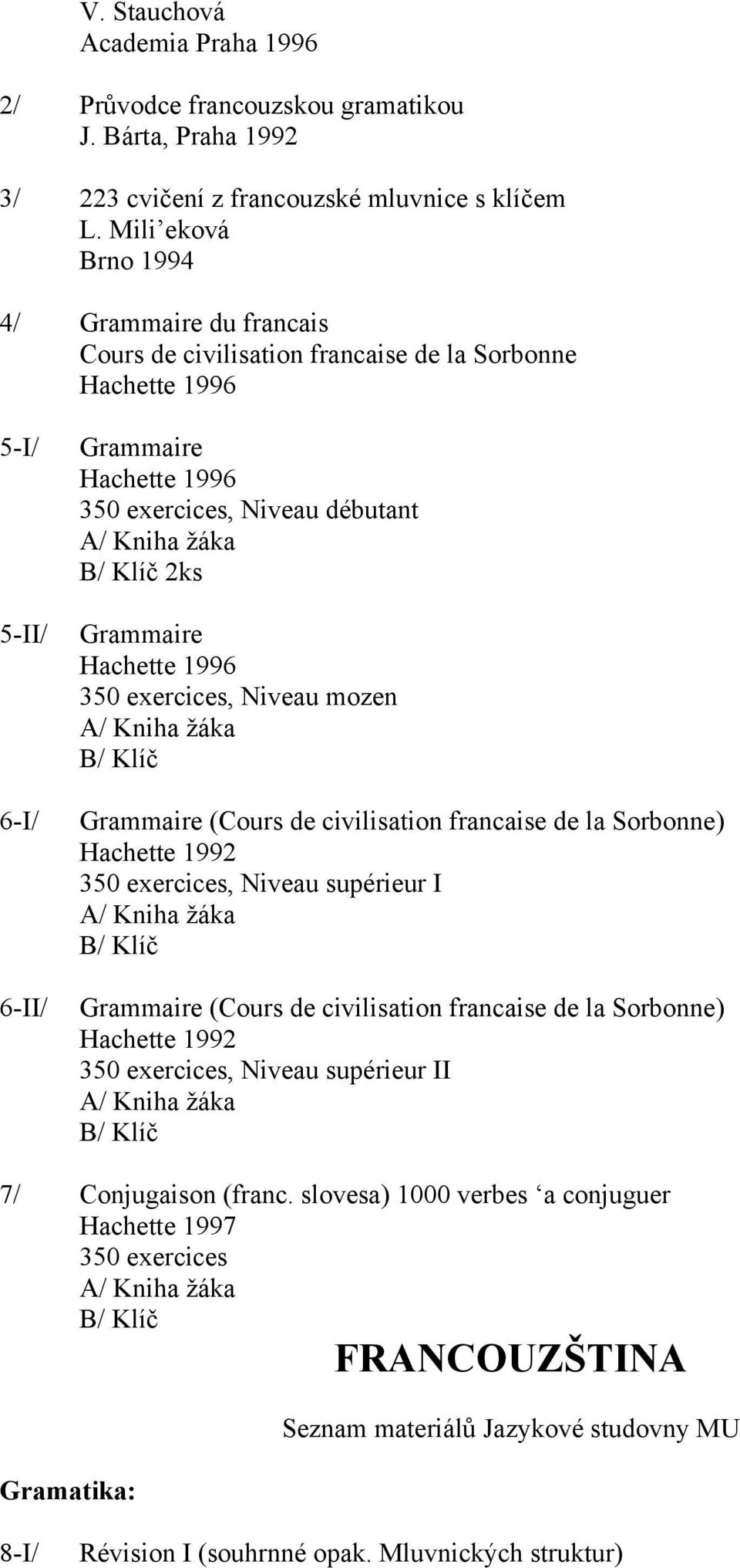 Grammaire Hachette 1996 350 exercices, Niveau mozen B/ Klíč Grammaire (Cours de civilisation francaise de la Sorbonne) Hachette 1992 350 exercices, Niveau supérieur I B/ Klíč Grammaire (Cours de