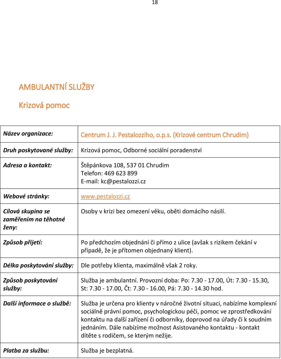 Dle potřeby klienta, maximálně však 2 roky. Služba je ambulantní. Provozní doba: Po: 7.30-17.00, Út: 7.30-15.30, St: 7.30-17.00, Čt: 7.30-16.00, Pá: 7.30-14.30 hod.