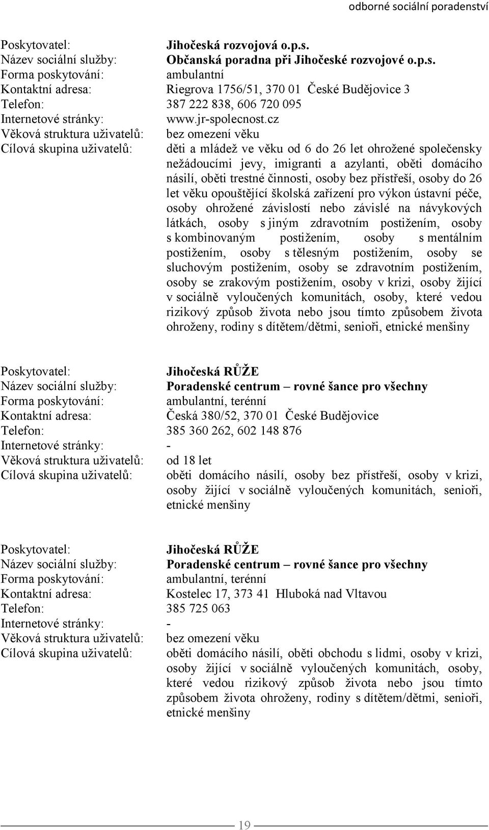 cz Věková struktura uživatelů: bez omezení věku Cílová skupina uživatelů: děti a mládež ve věku od 6 do 26 let ohrožené společensky nežádoucími jevy, imigranti a azylanti, oběti domácího násilí,