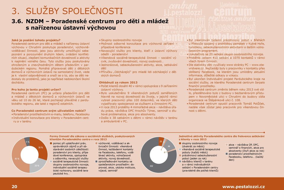 zvládání konfliktních situací, zlepšení komunikačních dovedností a aktivity k naplnění volného času. Tyto služby jsou poskytovány ohroženým a znevýhodněným dětem především v pardubickém regionu.