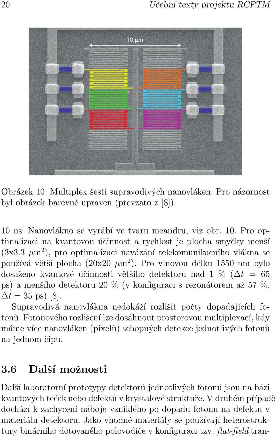 nm bylo dosaženo kvantové účinnosti většího detektoru nad 1 % ( t = 65 ps) a menšího detektoru 20 % (v konfiguraci s rezonátorem až 57 %, t = 35 ps) [8] Supravodivá nanovlákna nedokáží rozlišit počty