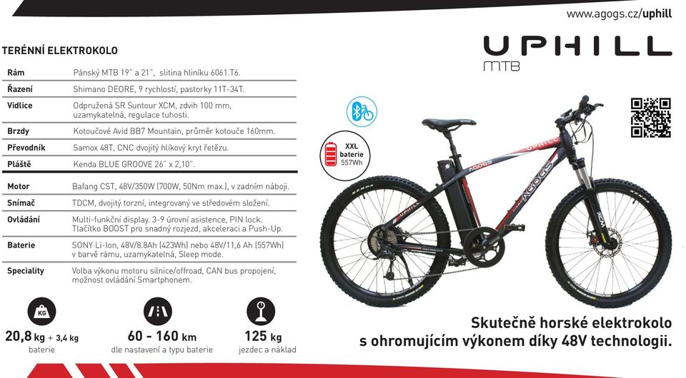 Pláště Kenda BLUE GROOVE 26 x 2,10. XXL 557Wh MTB Bafang CST, 48V/350W (700W, 50Nm max.), v zadním náboji. TDCM, dvojitý torzní, integrovaný ve středovém složení. Multi-funkční display.