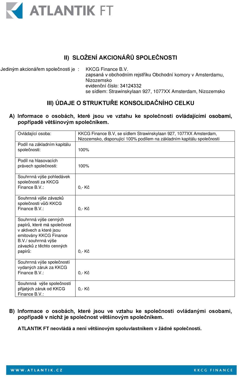 CELKU A) Informace o osobách, které jsou ve vztahu ke společnosti ovládajícími osobami, popřípadě většinovým společníkem. Ovládající osoba: KKCG Finance B.