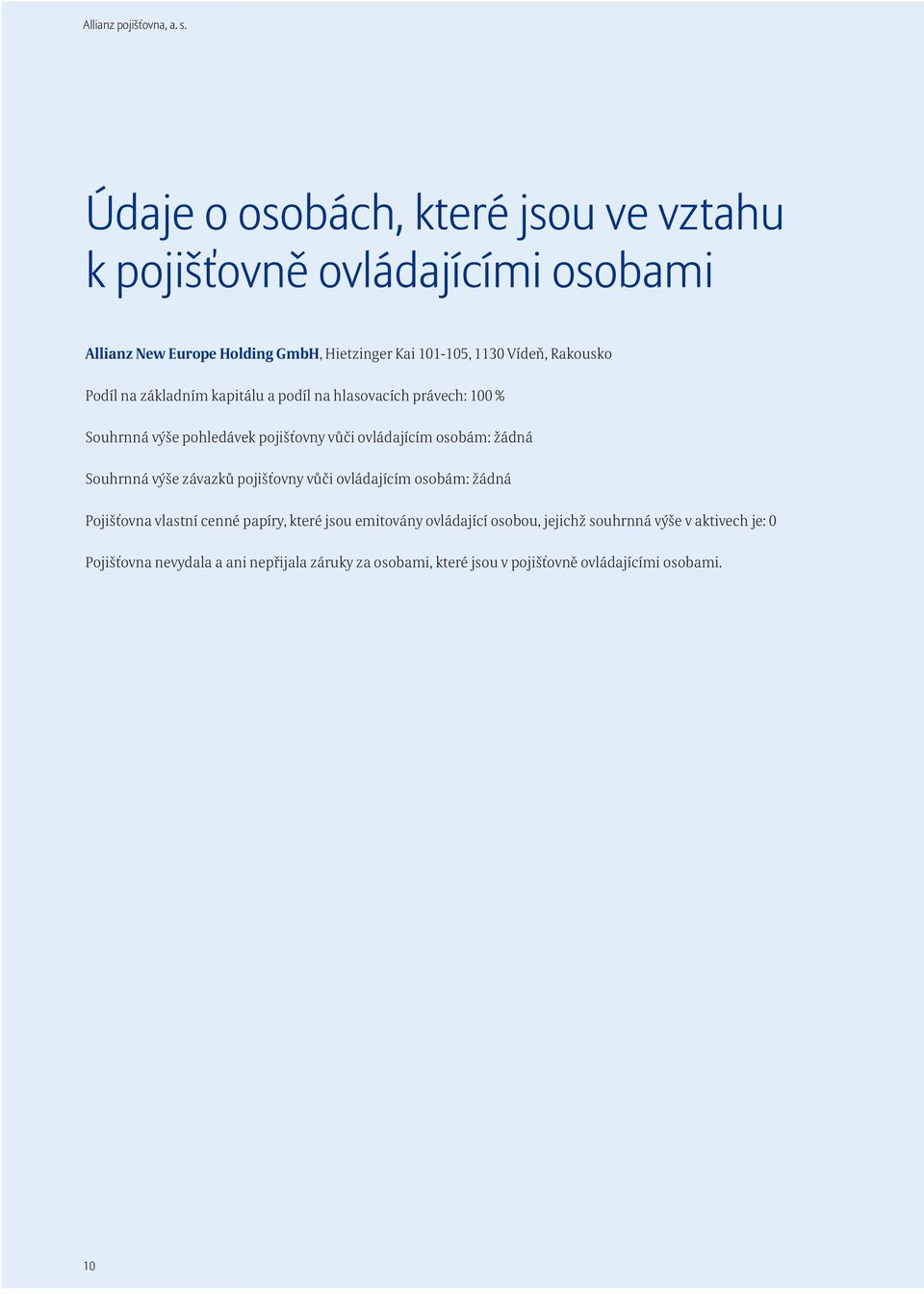 Rakousko Podíl na základním kapitálu a podíl na hlasovacích právech: 100 % Souhrnná výše pohledávek pojišťovny vůči ovládajícím osobám: žádná