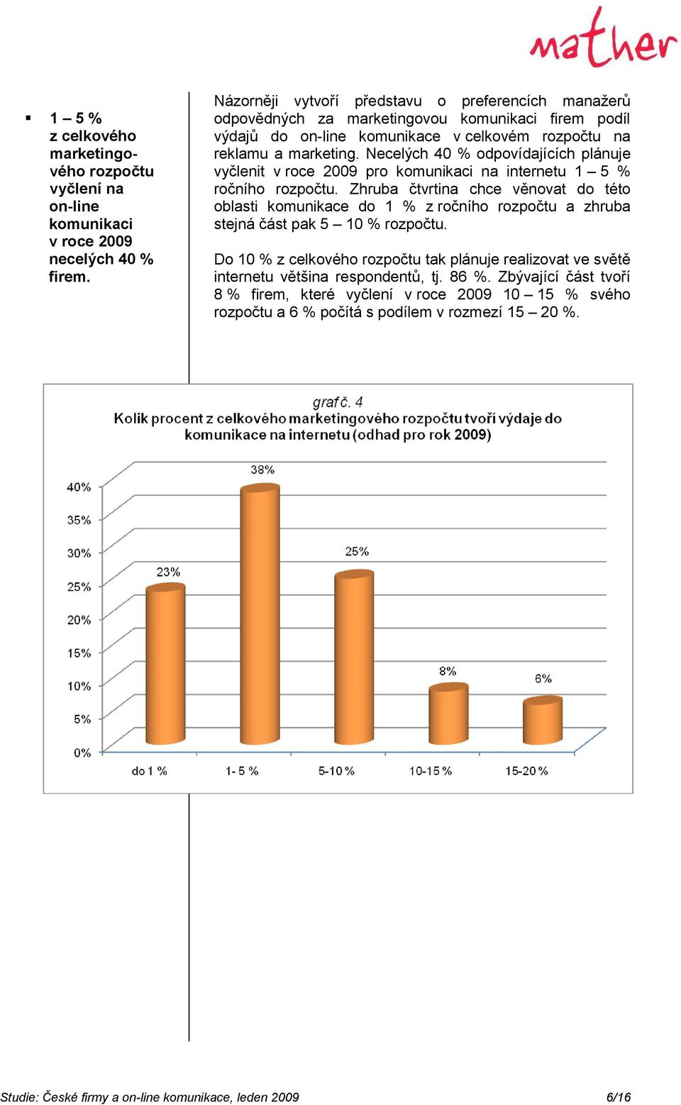 Necelých 40 % odpovídajících plánuje vyčlenit v roce 2009 pro komunikaci na internetu 1 5 % ročního rozpočtu.