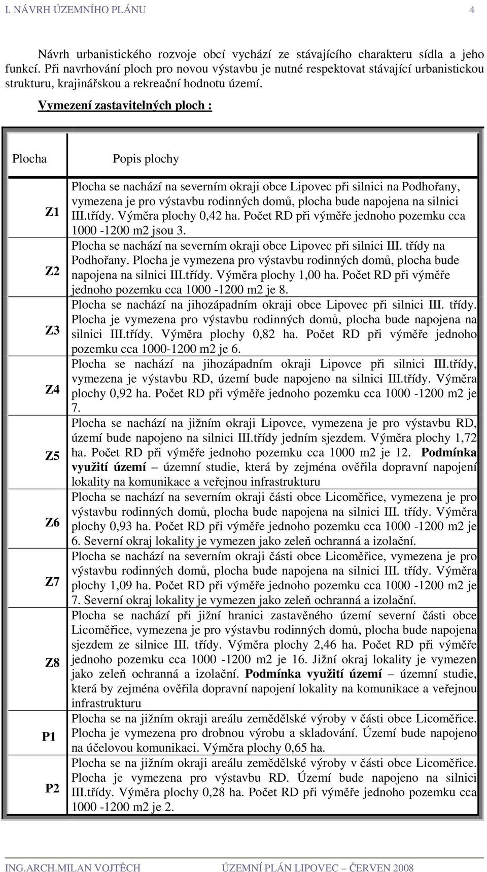 Vymezení zastavitelných ploch : Plocha Z1 Z2 Z3 Z4 Z5 Z6 Z7 Z8 P1 P2 Popis plochy Plocha se nachází na severním okraji obce Lipovec při silnici na Podhořany, vymezena je pro výstavbu rodinných domů,
