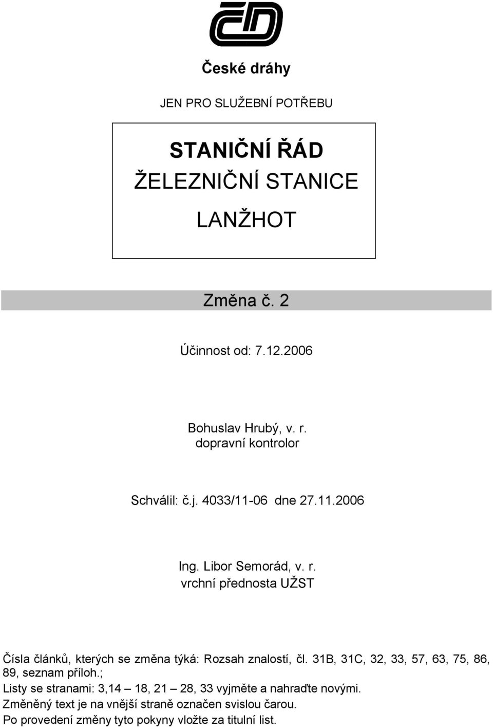 vrchní přednosta UŽST Čísla článků, kterých se změna týká: Rozsah znalostí, čl. 31B, 31C, 32, 33, 57, 63, 75, 86, 89, seznam příloh.