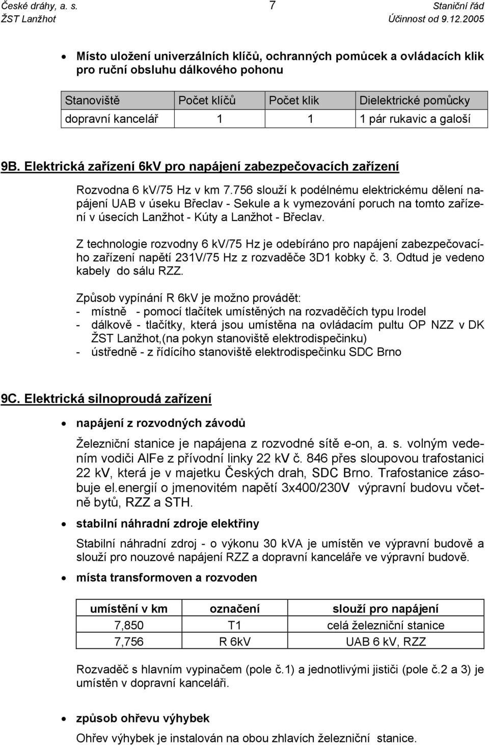 rukavic a galoší 9B. Elektrická zařízení 6kV pro napájení zabezpečovacích zařízení Rozvodna 6 kv/75 Hz v km 7.