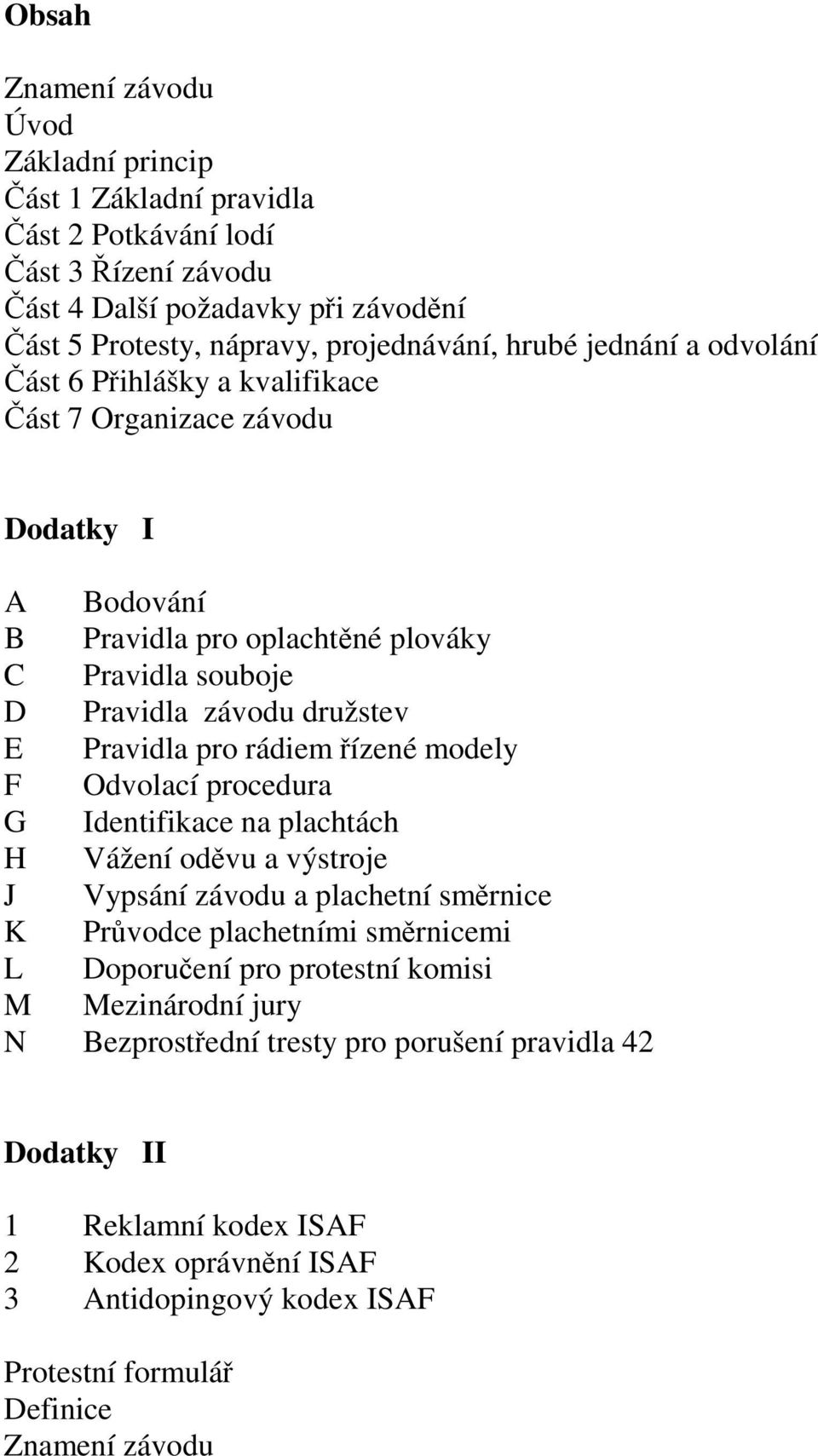 rádiem řízené modely F Odvolací procedura G Identifikace na plachtách H Vážení oděvu a výstroje J Vypsání závodu a plachetní směrnice K Průvodce plachetními směrnicemi L Doporučení pro protestní