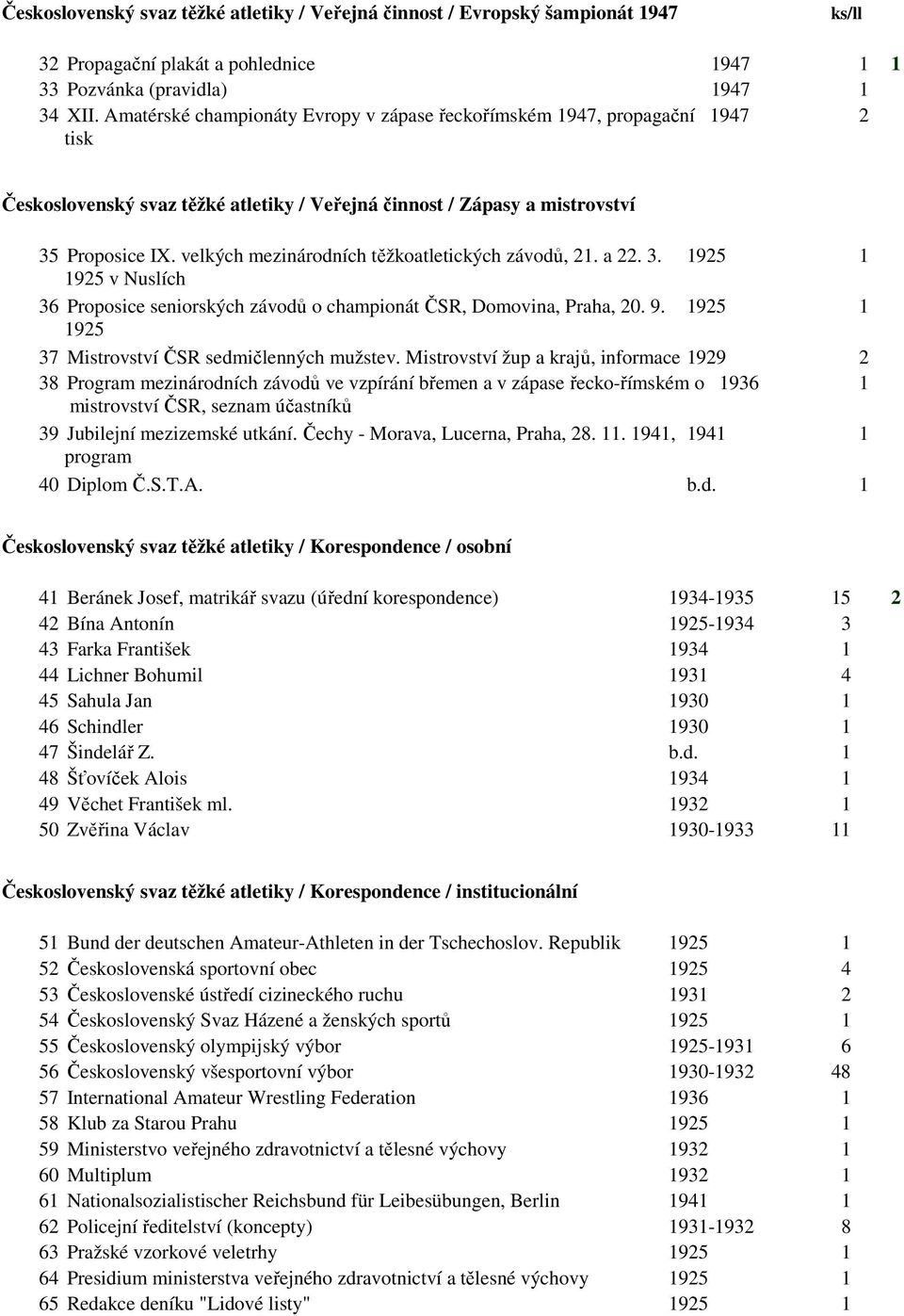 velkých mezinárodních těžkoatletických závodů, 21. a 22. 3. 1925 1 1925 v Nuslích 36 Proposice seniorských závodů o championát ČSR, Domovina, Praha, 20. 9.