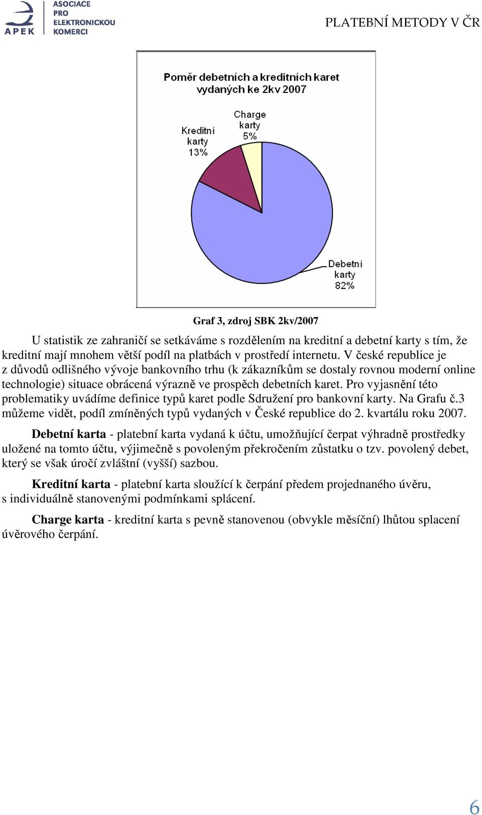 Pro vyjasnění této problematiky uvádíme definice typů karet podle Sdružení pro bankovní karty. Na Grafu č.3 můžeme vidět, podíl zmíněných typů vydaných v České republice do 2. kvartálu roku 2007.