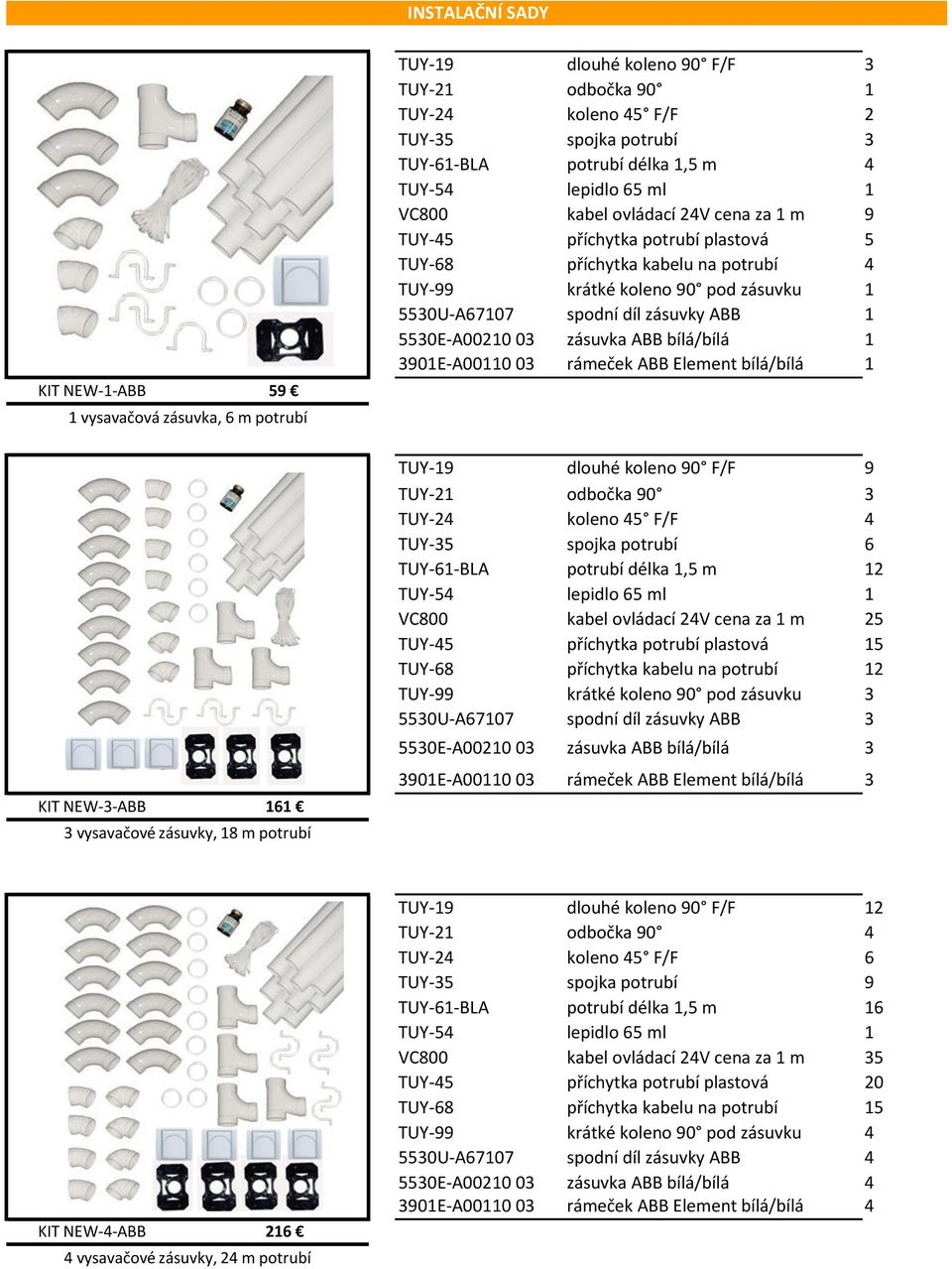 zásuvky ABB 1 5530E-A00210 03 zásuvka ABB bílá/bílá 1 3901E-A00110 03 rámeček ABB Element bílá/bílá 1 KIT NEW-3-ABB 161 3 vysavačové zásuvky, 18 m potrubí TUY-19 dlouhé koleno 90 F/F 9 TUY-21 odbočka