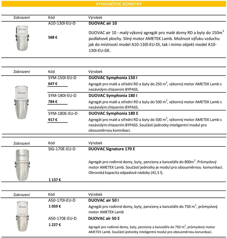SYM-150I-EU-D DUOVAC Symphonia 150 I 647 SYM-180I-EU-D 784 SYM-180E-EU-D 917 Agregát pro malé a střední RD a byty do 250 m 2, výkonný motor AMETEK Lamb s nezávislým chlazením BYPASS.