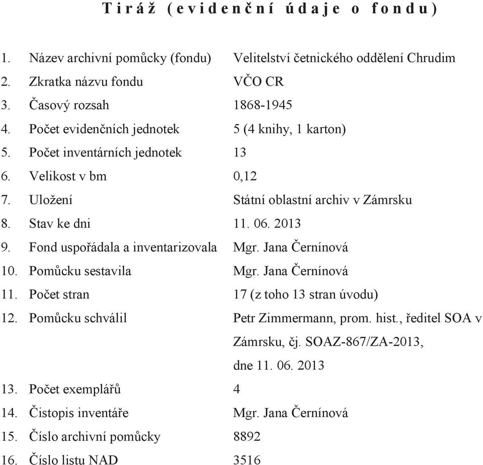 Stav ke dni 11. 06. 2013 9. Fond uspořádala a inventarizovala Mgr. Jana Černínová 10. Pomůcku sestavila Mgr. Jana Černínová 11. Počet stran 17 (z toho 13 stran úvodu) 12.