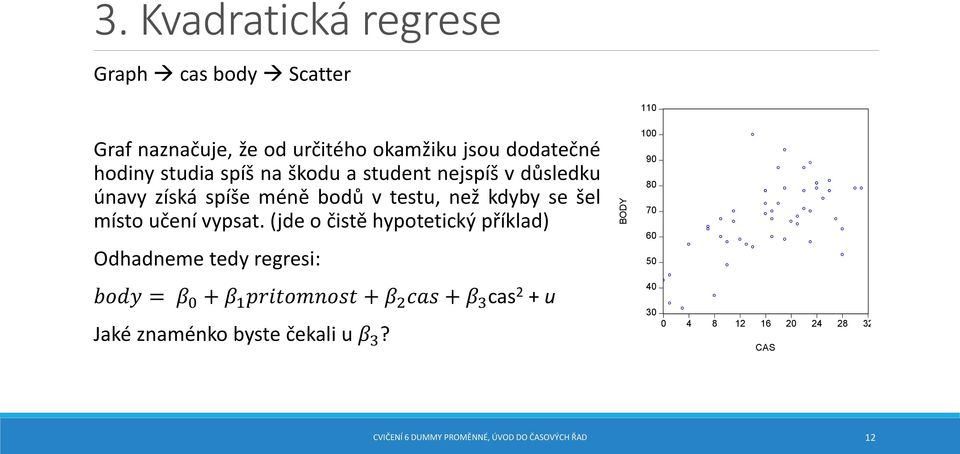 (jde o čistě hypotetický příklad) Odhadneme tedy regresi: body = β 0 + β 1 pritomnost + β 2 cas + β 3 cas 2 + u Jaké