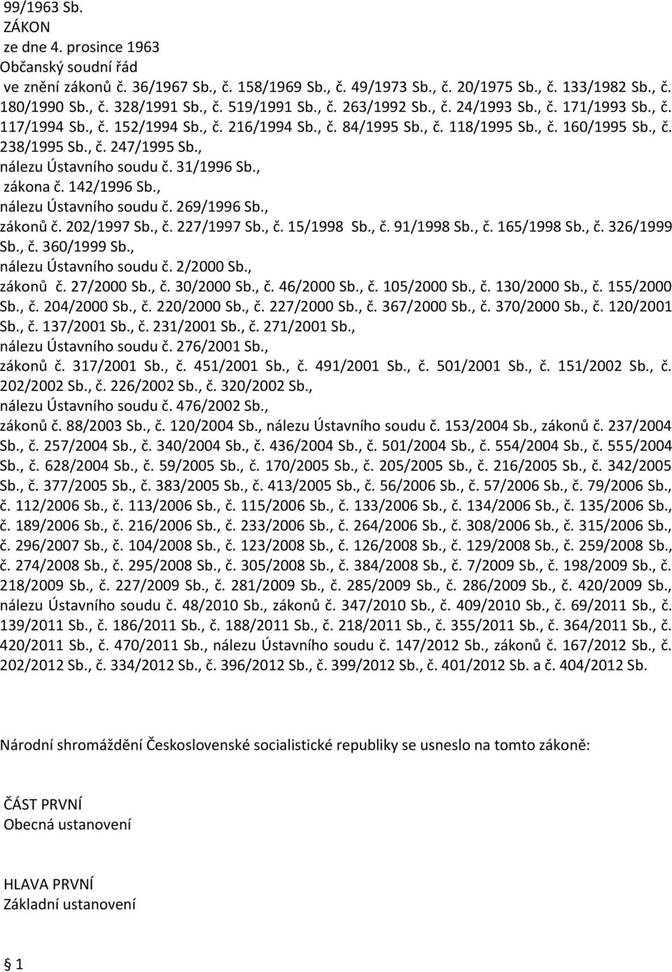 , nálezu Ústavního soudu č. 31/1996 Sb., zákona č. 142/1996 Sb., nálezu Ústavního soudu č. 269/1996 Sb., zákonů č. 202/1997 Sb., č. 227/1997 Sb., č. 15/1998 Sb., č. 91/1998 Sb., č. 165/1998 Sb., č. 326/1999 Sb.