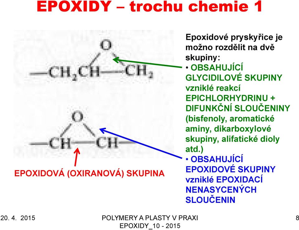 EPICHLORHYDRINU + DIFUNKČNÍ SLOUČENINY (bisfenoly, aromatické aminy, dikarboxylové