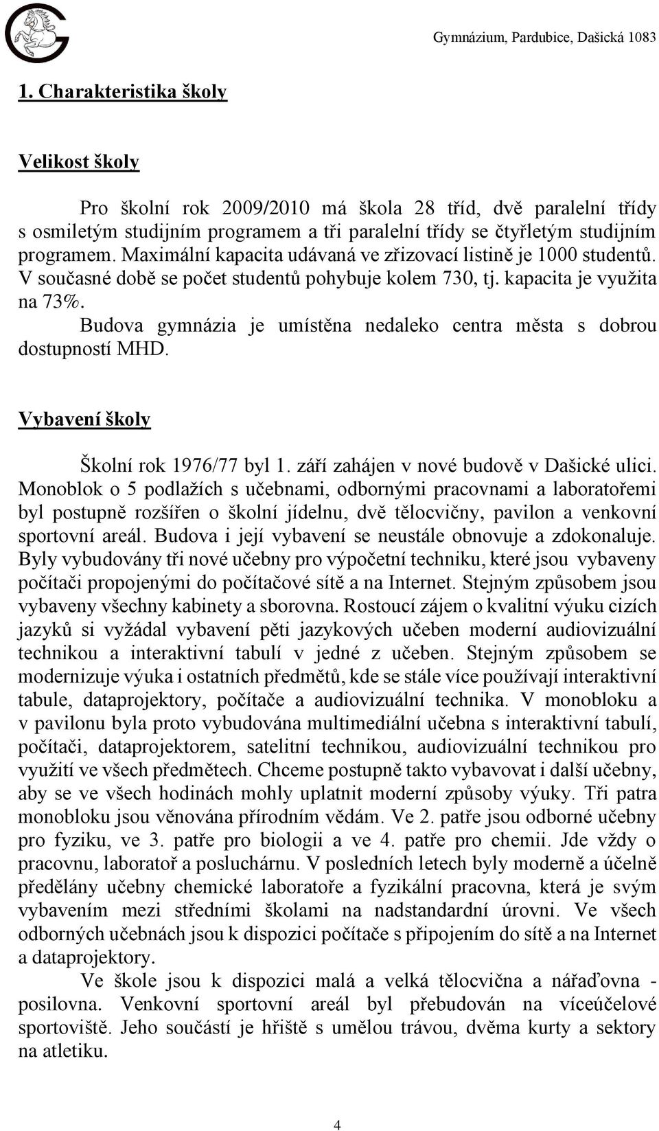 Budova gymnázia je umístěna nedaleko centra města s dobrou dostupností MHD. Vybavení školy Školní rok 1976/77 byl 1. září zahájen v nové budově v Dašické ulici.