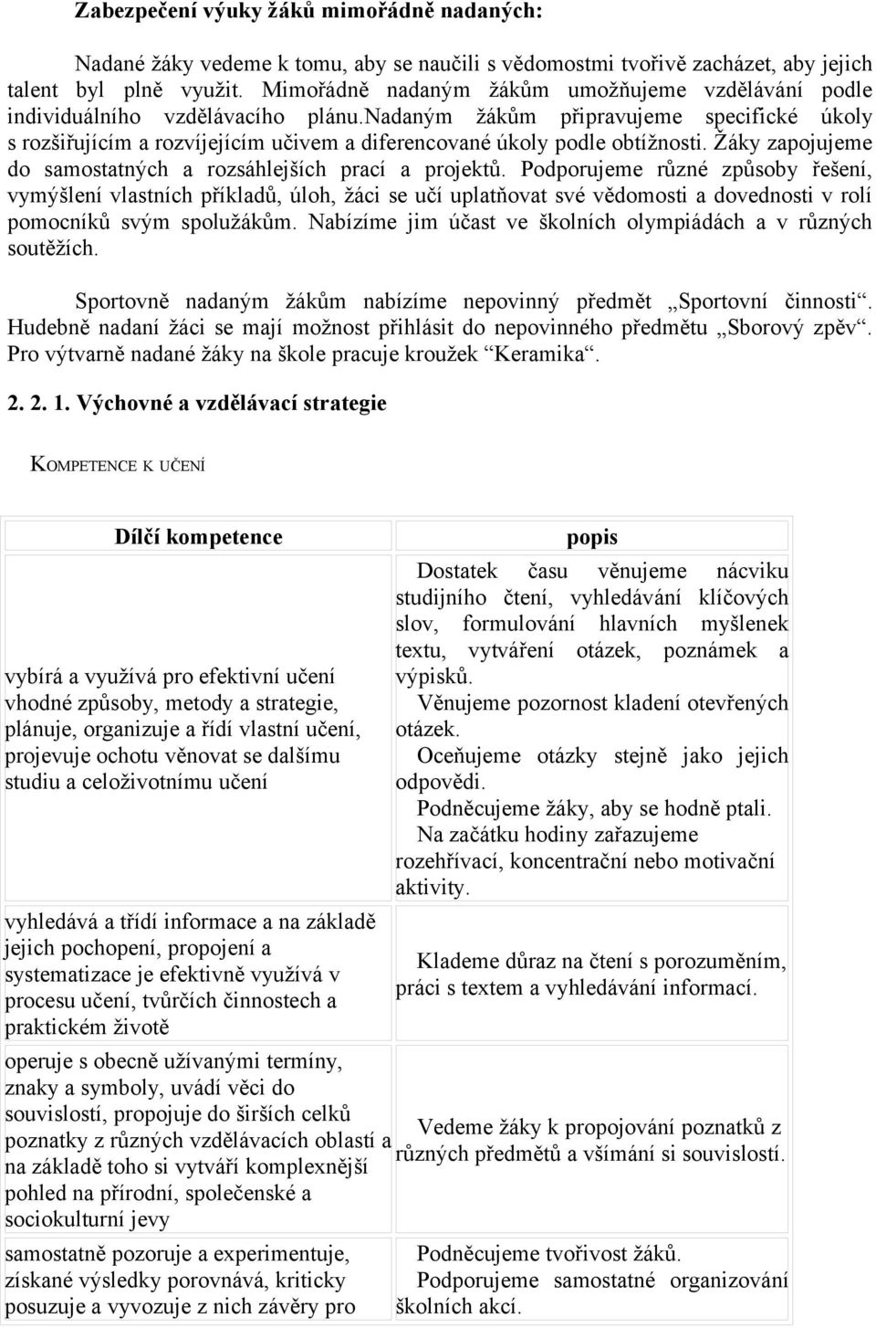 nadaným žákům připravujeme specifické úkoly s rozšiřujícím a rozvíjejícím učivem a diferencované úkoly podle obtížnosti. Žáky zapojujeme do samostatných a rozsáhlejších prací a projektů.