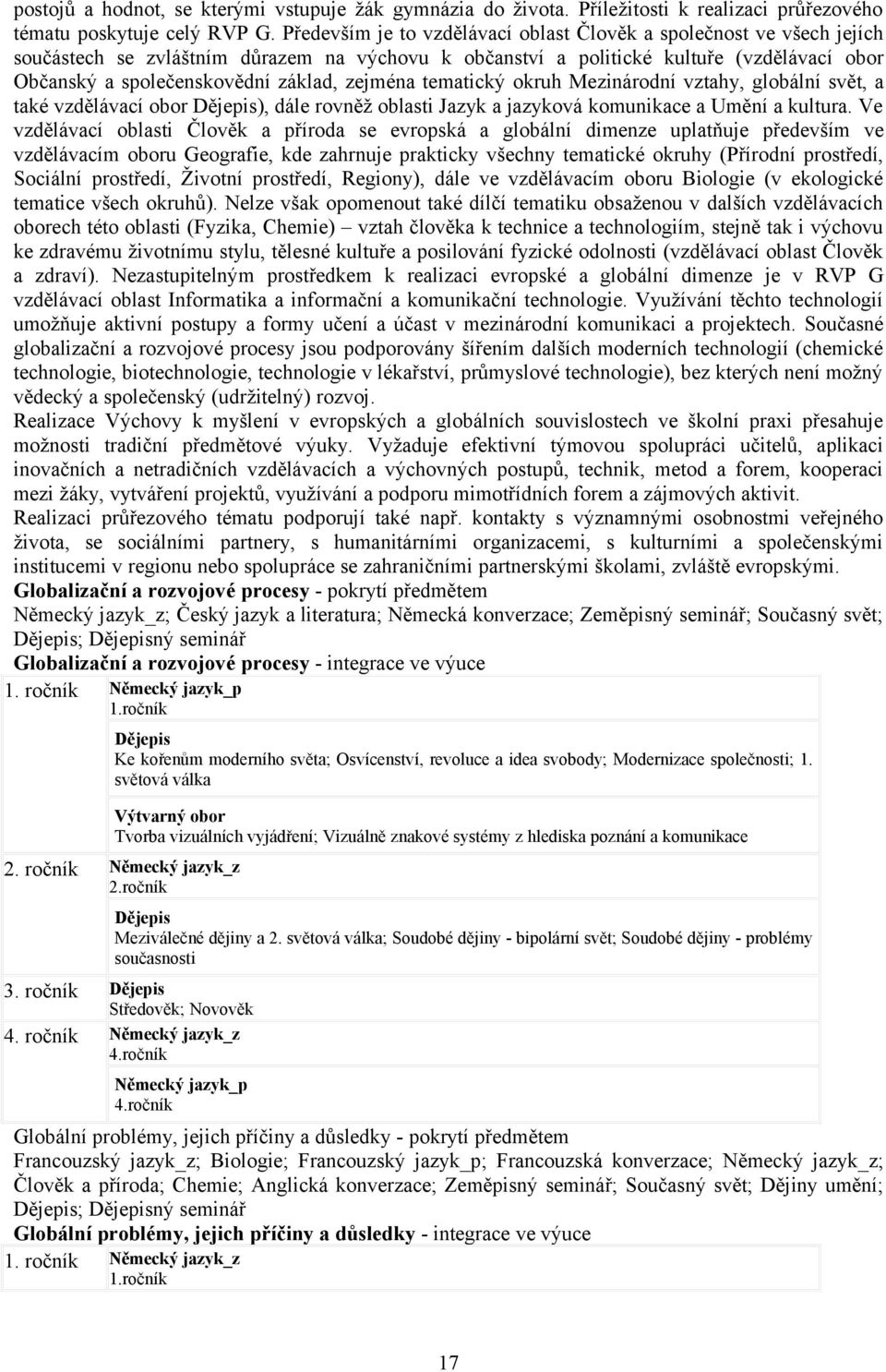 zejména tematický okruh Mezinárodní vztahy, globální svět, a také vzdělávací obor Dějepis), dále rovněž oblasti Jazyk a jazyková komunikace a Umění a kultura.