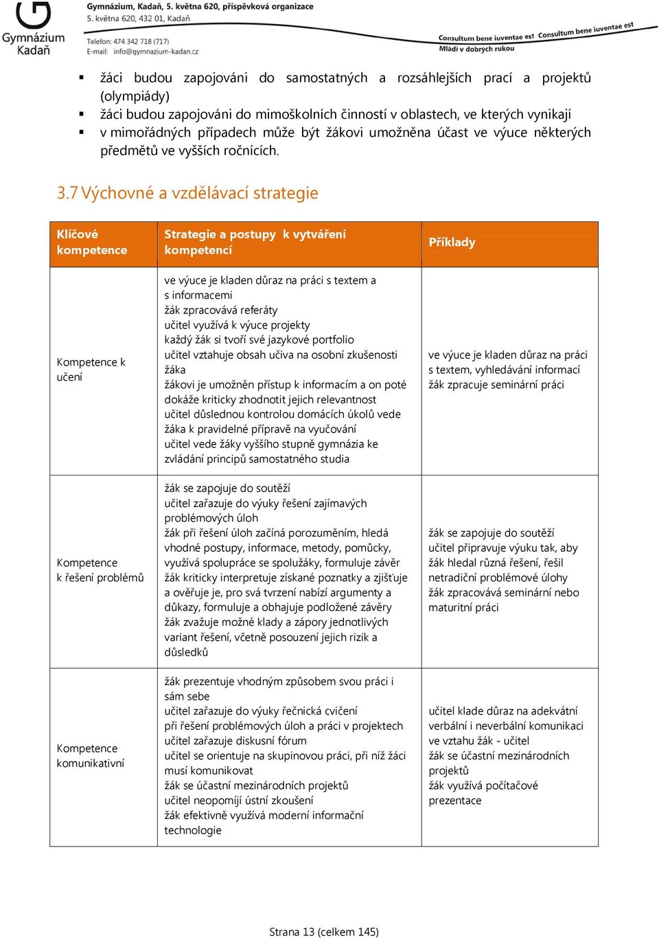 7 Výchovné a vzdělávací strategie Klíčové kompetence Strategie a postupy k vytváření kompetencí Příklady Kompetence k učení ve výuce je kladen důraz na práci s textem a s informacemi žák zpracovává