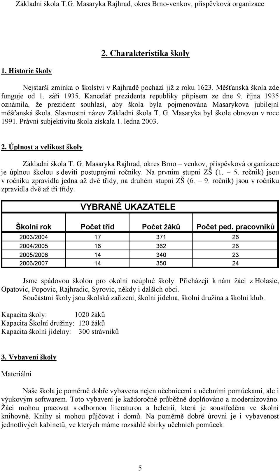 Právní subjektivitu škola získala 1. ledna 2003. 2. Úplnost a velikost školy Základní škola T. G.