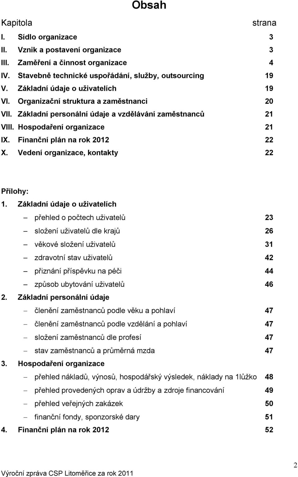 Finanční plán na rok 2012 22 X. Vedení organizace, kontakty 22 Přílohy: 1.