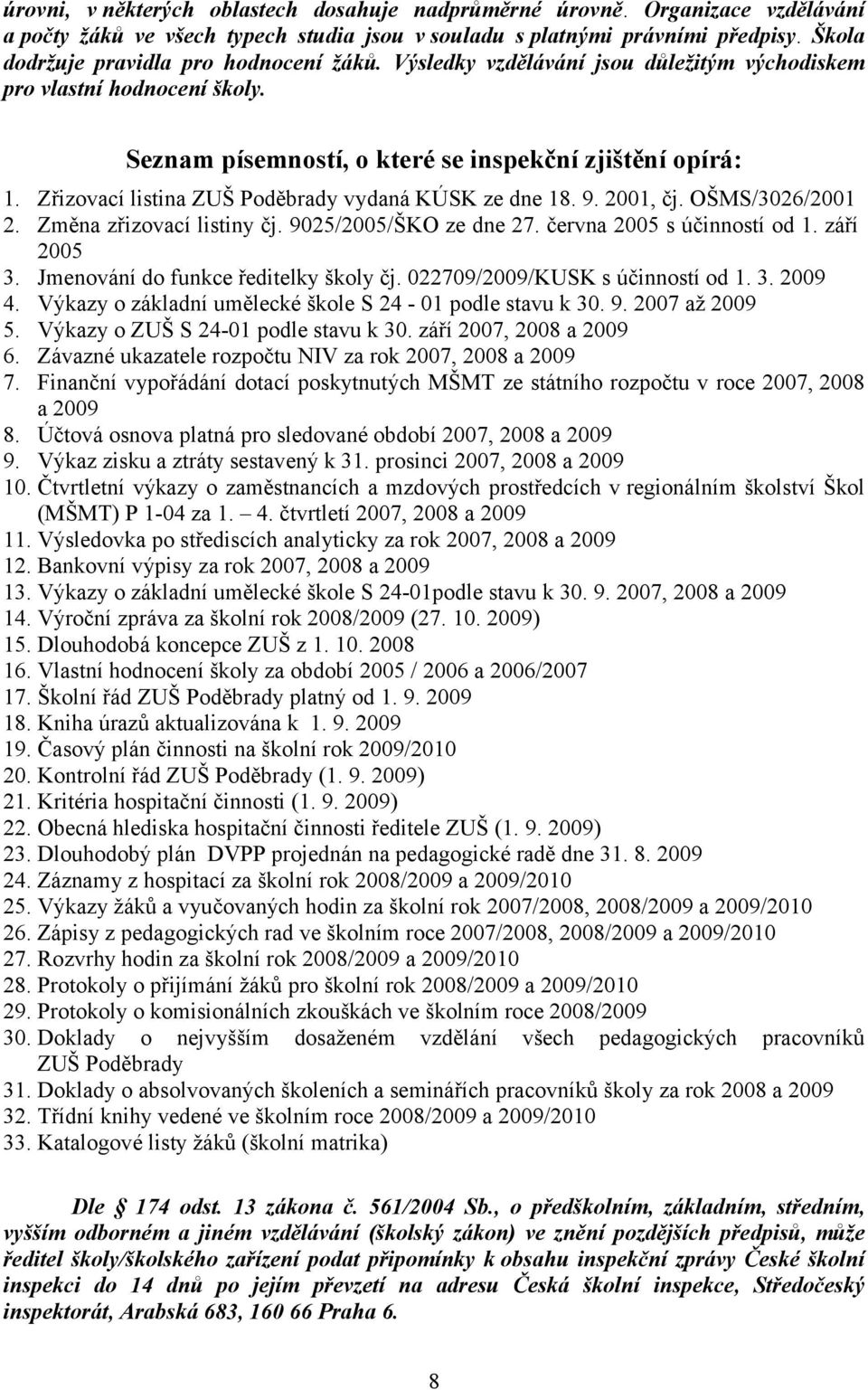 Zřizovací listina ZUŠ Poděbrady vydaná KÚSK ze dne 18. 9. 2001, čj. OŠMS/3026/2001 2. Změna zřizovací listiny čj. 9025/2005/ŠKO ze dne 27. června 2005 s účinností od 1. září 2005 3.