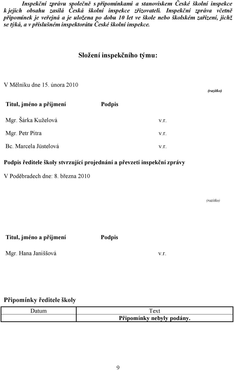 Složení inspekčního týmu: V Mělníku dne 15. února 2010 (razítko) Titul, jméno a příjmení Podpis Mgr. Šárka Kuželová Mgr. Petr Pitra Bc. Marcela Jüstelová v.r. v.r. v.r. Podpis ředitele školy stvrzující projednání a převzetí inspekční zprávy V Poděbradech dne: 8.