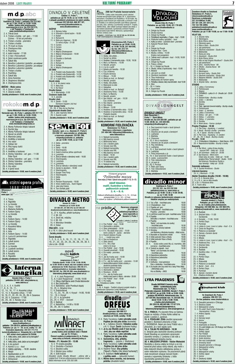 4. Tristan a Isolda 8. 4. Tři muži ve člunu 9. 4. Charleyova teta 11. 4. Postřižiny 12. 4. Ieální manžel - 17:00 15. 4. U nás v Kocourkově 16. 4. Době rozehraná partie 17. 4. Šakalí léta 18. 4. Benefice Lubomíra Lipského - pro veřejnost 19.