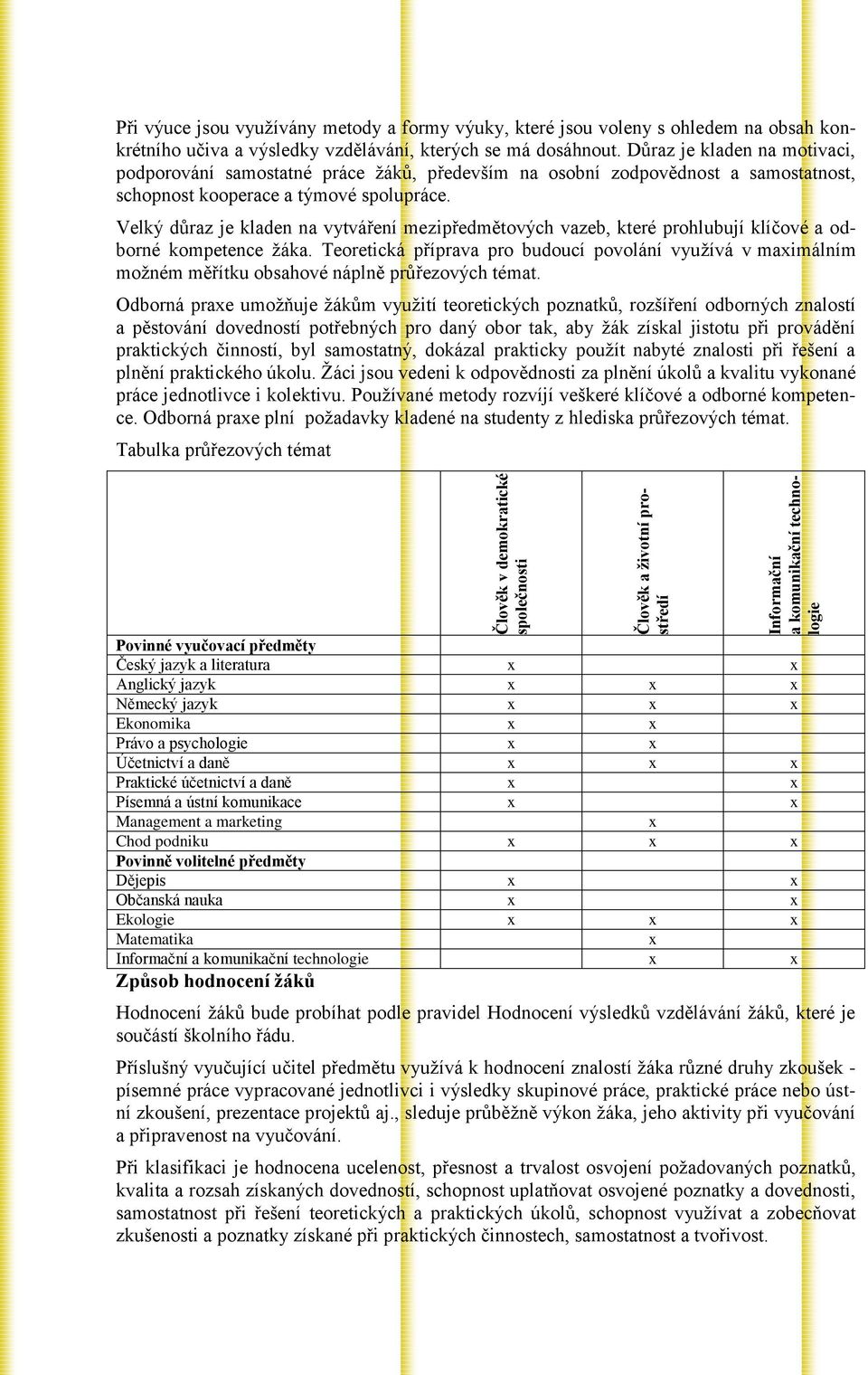 Důraz je kladen na motivaci, podporování samostatné práce žáků, především na osobní zodpovědnost a samostatnost, schopnost kooperace a týmové spolupráce.