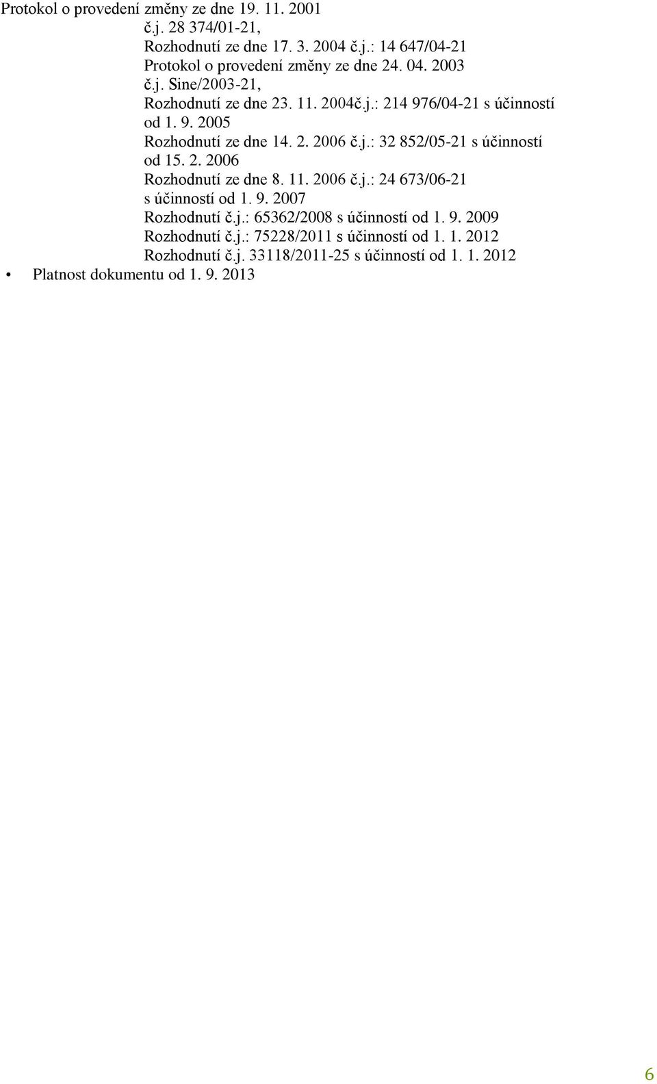 2. 2006 Rozhodnutí ze dne 8. 11. 2006 č.j.: 24 673/06-21 s účinností od 1. 9. 2007 Rozhodnutí č.j.: 65362/2008 s účinností od 1. 9. 2009 Rozhodnutí č.j.: 75228/2011 s účinností od 1.