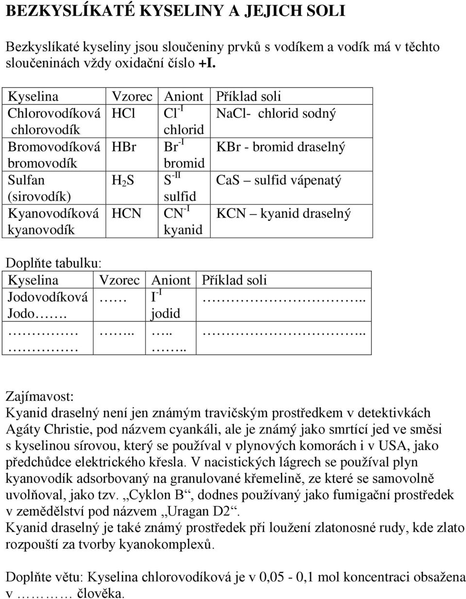 draselný bromid H 2 S S -II CaS sulfid vápenatý sulfid HCN CN -I KCN kyanid draselný kyanid Doplňte tabulku: Kyselina Vzorec Aniont Příklad soli Jodovodíková I -I.. Jodo. jodid.