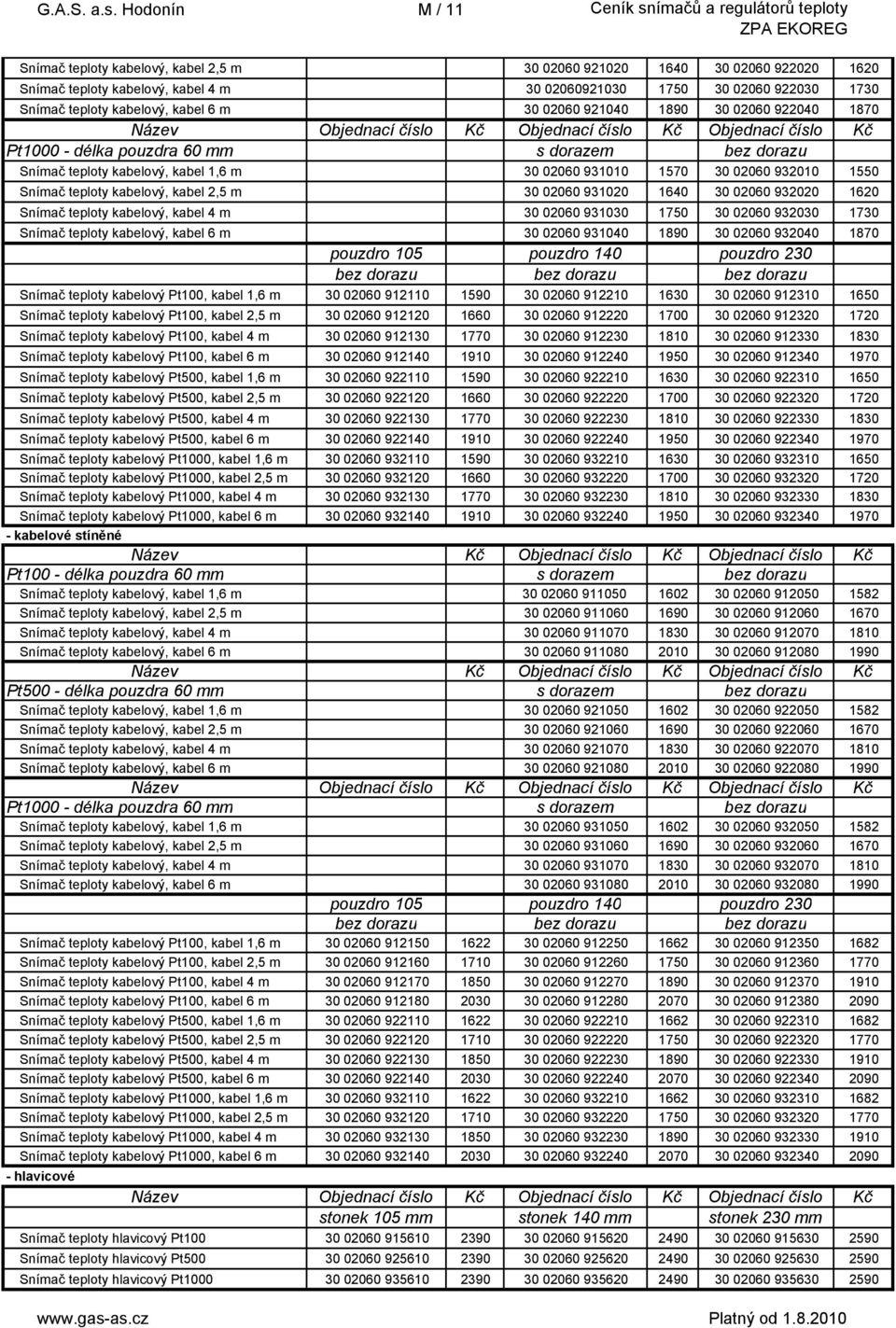 kabel 6 m 30 02060 921040 1890 30 02060 922040 1870 Pt1000 - délka pouzdra 60 mm s dorazem bez dorazu Snímač teploty kabelový, kabel 1,6 m 30 02060 931010 1570 30 02060 932010 1550 Snímač teploty