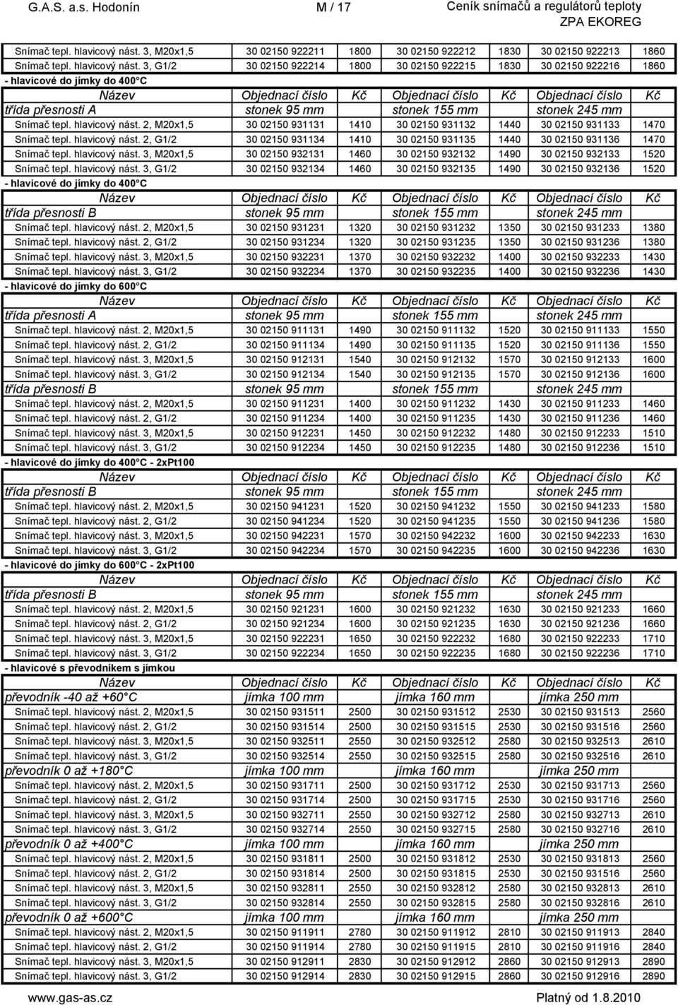 3, G1/2 30 02150 922214 1800 30 02150 922215 1830 30 02150 922216 1860 - hlavicové do jímky do 400 C třída přesnosti A stonek 95 mm stonek 155 mm stonek 245 mm Snímač tepl. hlavicový nást.