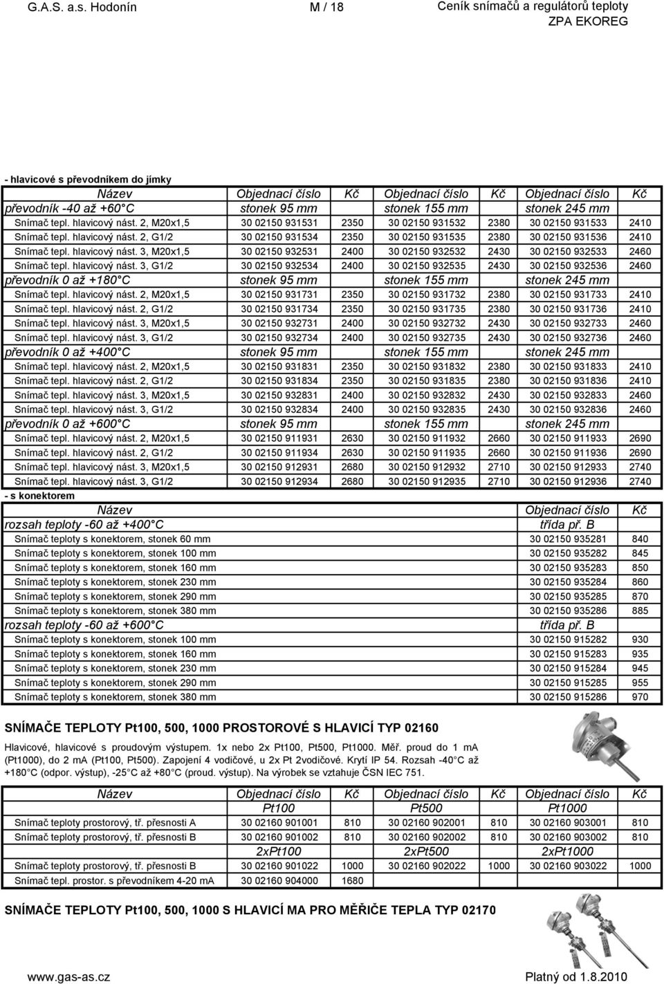 hlavicový nást. 3, M20x1,5 30 02150 932531 2400 30 02150 932532 2430 30 02150 932533 2460 Snímač tepl. hlavicový nást.